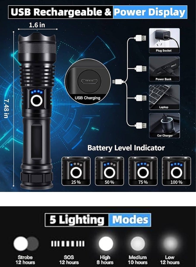 QLIGHT Rechargeable Flashlight 990000 High Lumens, XHP70.2 Super Bright Tactical Flashlights, Led Flash lights with 5 Modes, Zoomable, Type-C, IPX65 Waterproof, Powerful Flash Light for Camping Hiking Running & Cycling - Image 2